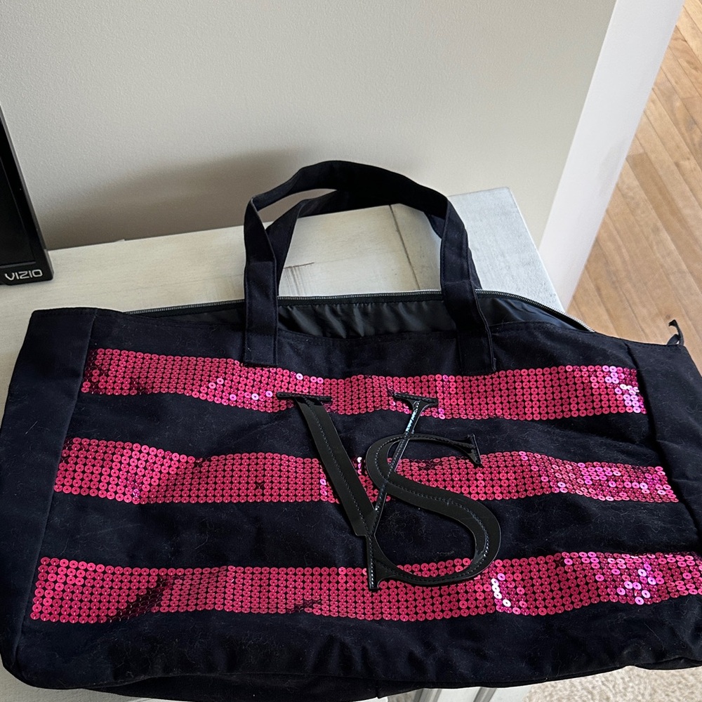Victoria's Secret Black Tote with Hot Pink Sequin Stripes